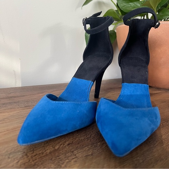 Zara Two-Tone Suede Ankle Strap Pointy Toe 3” Blue Heels - Picture 4 of 8